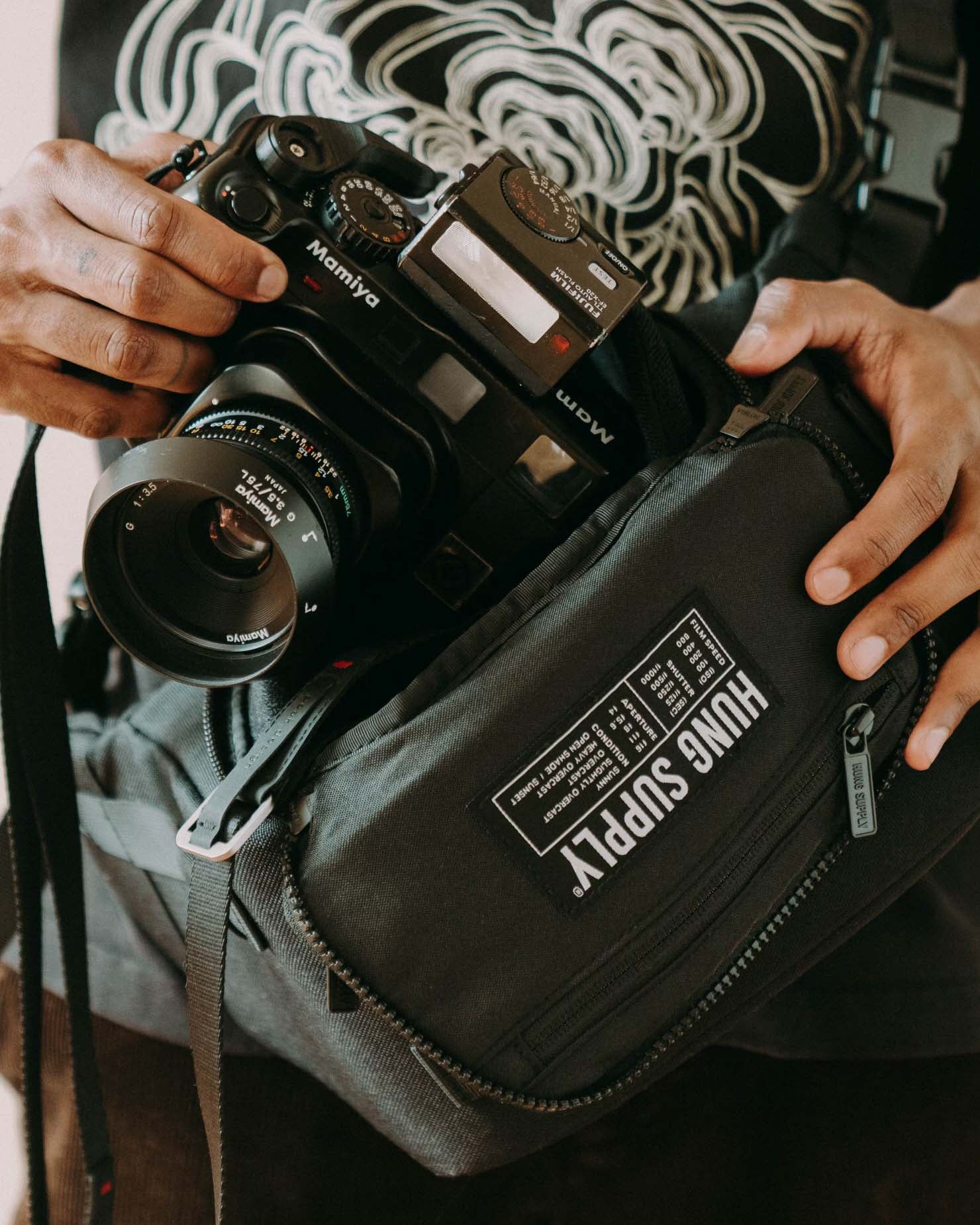 Hung Supply, Sidewalk Camera Sling, Black, Mamiya 7, Nathan Dejene, Photographer
